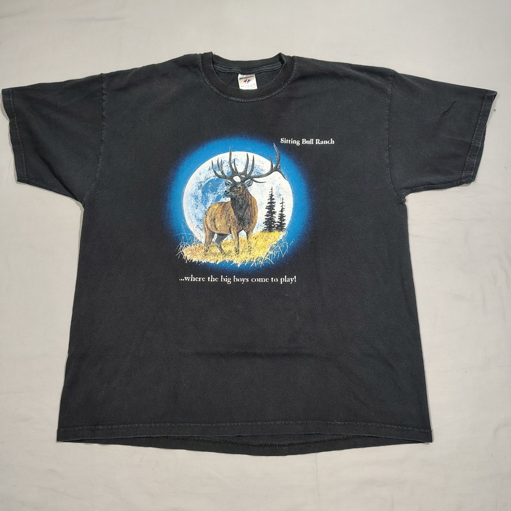 VINTAGE Sitting Bull Ranch Shirt XL Black Cotton Elk Wildlife Nature Graphic